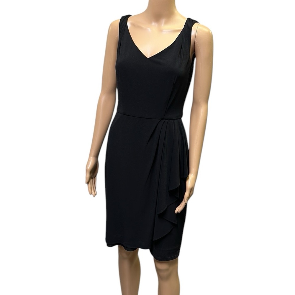Leslie Fay USA Black V Neck Stretch Sleeveless Zip Back Faux Wrap Dress Womens 4